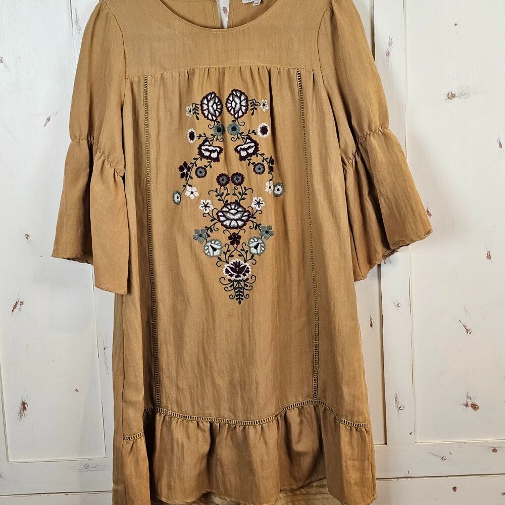 POLAGRAM Embroidered Boho Bell Sleeve Dress Mustard Floral L - Picture 3 of 9